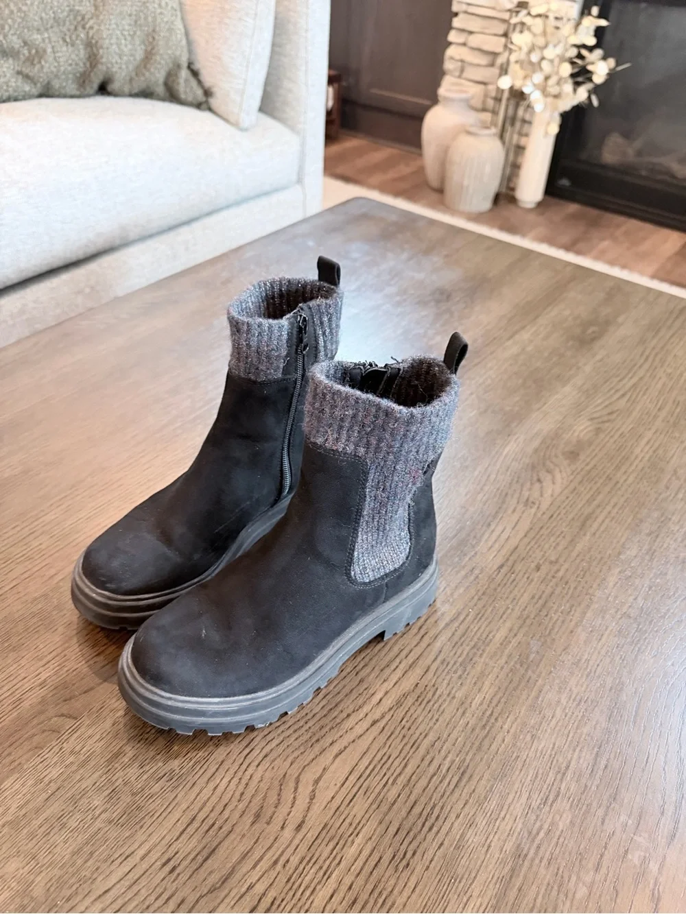 Kids Size 2 Black Suede Ankle Boots with Knit Cuff